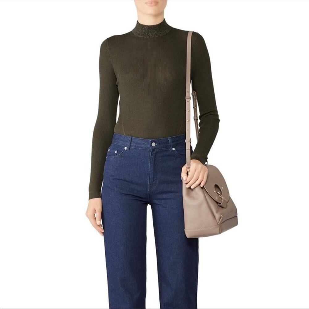 Dreyden Dione olive green metallic mock neck ribbed sweater